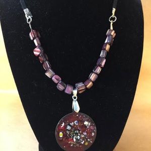 Round copper enamel pendant dk red w various frit